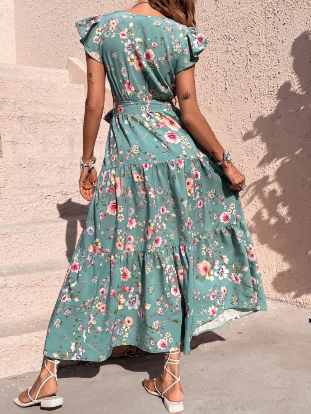 Boho Floral print V neck Ruffle cap sleeve maxi Dress - Picture 4 of 5